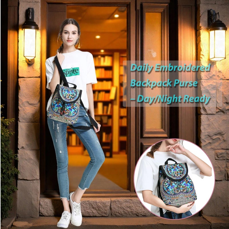 Goodhan Vintage Embroidered Women Backpack Ethnic Travel Handbag Shoulder Bag, 12x10x5 inch - Image 5